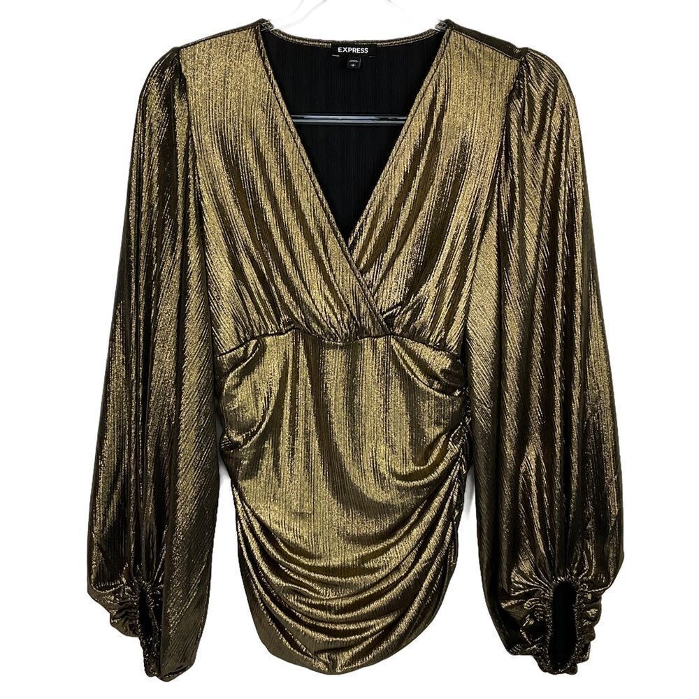 Express Gold Ribbed Metallic Ruched Front Balloon Long Sleeves Small NWOT